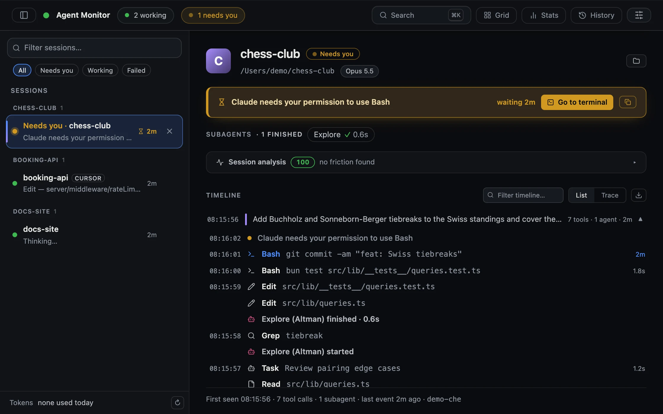 Agent Monitor: live sessions, the one that needs you, and a timeline of every tool call