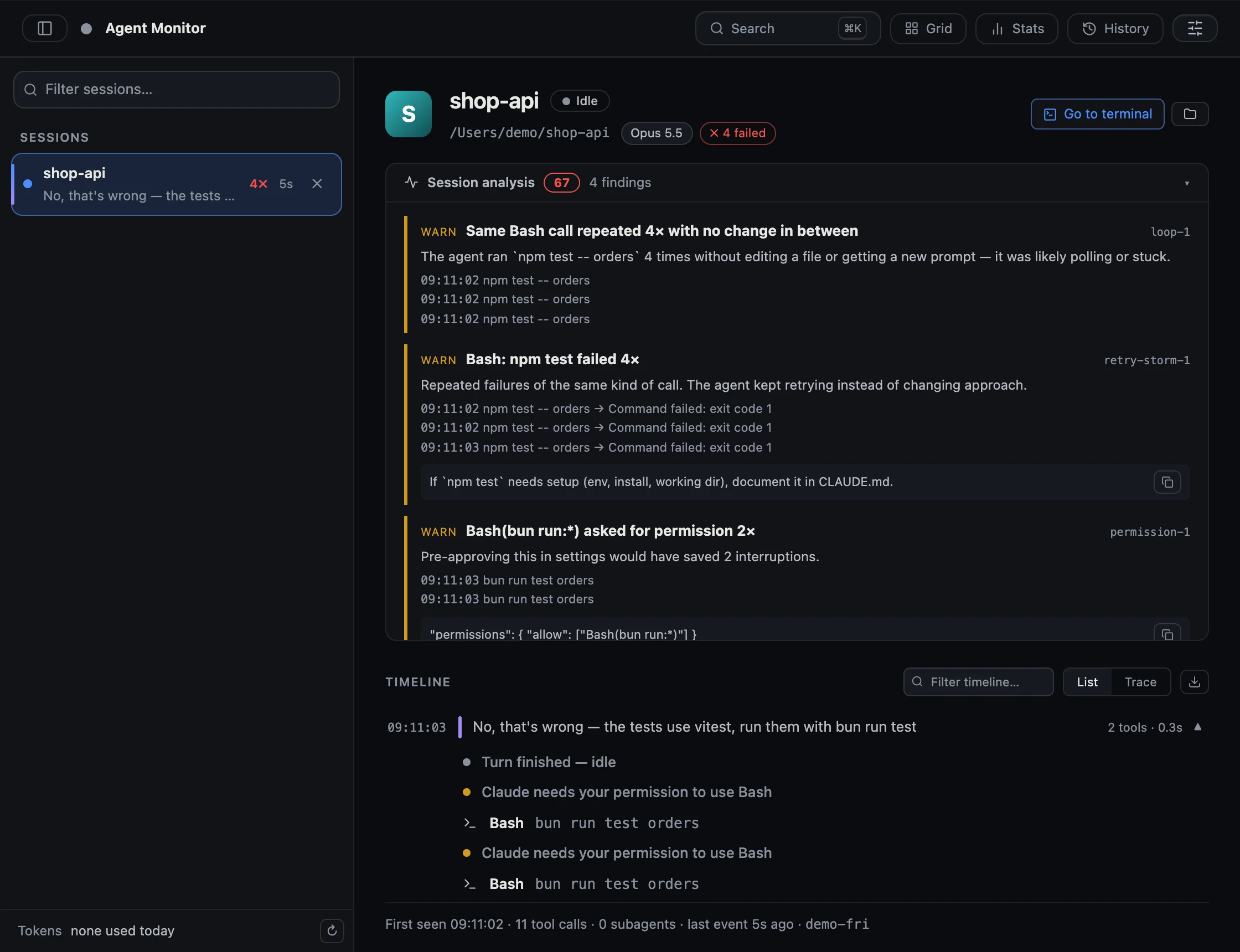 Session analysis of a demo session: a loop, a retry storm and permission friction, each with a suggested fix